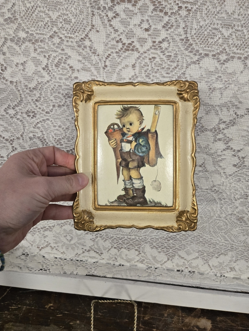 Vintage Hummel School Boy Framed Print Gold Ornate Frame